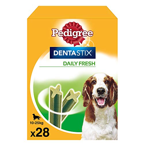 Pedigree Pack de Dentastix Fresh de uso Diario para la Limpieza Dental y Contra el Mal Aliento de Perros Medianos (4 Packs de 28ud)