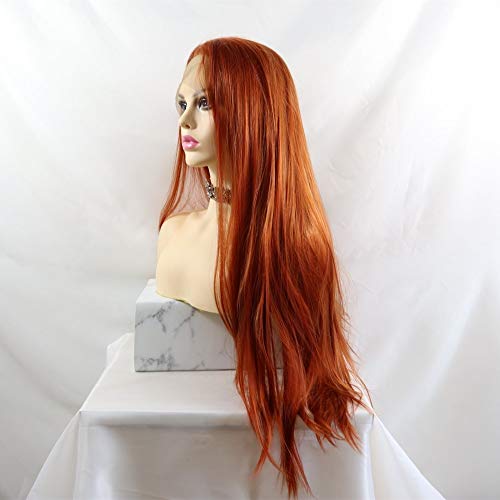 Pelucas realistas largas rectas de color rojo cobrizo de aspecto natural de alta temperatura de fibra sintética pelucas delanteras de encaje for mujeres ( Color : Copper Red , Wig Length : 26inches )