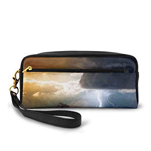 Pencil Case Pen Bag Pouch Stationary,Thunder Rays from Dark Clouds Hitting Down To The Mountain Storm Theme Art Print,Small Makeup Bag Coin Purse