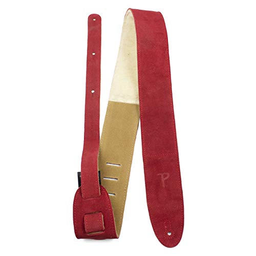 Perri’s Leathers Ltd Guitar Strap, 2.5” Wide Soft Suede, Super Soft Sheepskin Fur Pad, Adjustable Length, (DL325S-203) Red, Made in Canada
