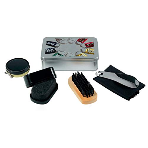 PROMO SHOP Kit Limpieza de Calzado PERSONALIZADO (Logo en Caja) · Set que Incluye 5 piezas : Cepillo, Calzador, Paño de Pulir, Betún y Esponja · Práctico formato de Viaje · Ideal para Zapatos y Botas