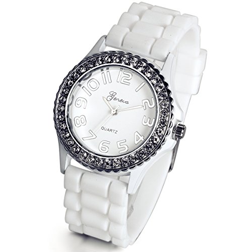 Reloj de pulsera Lancardo, para mujer, esfera blanca con brillantes plateados, redondo, con correa de resina con textura, con bolsa de regalo