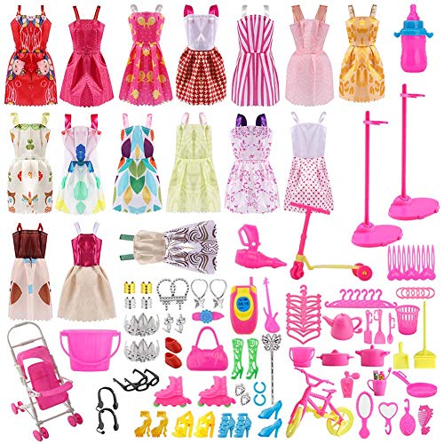 Siiruc 120 Piezas Accesorios para Muñecas Dolls, Ropa y Zapatos para Dolls, Complementos Dolls Mini Vestidos de Moda para Dolls, Perchas y Accesorios de Cocina Regalo de Cumpleaños Niñas