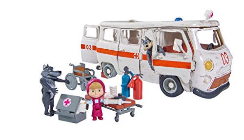 Simba 109309863 Masha y Michka Playset Ambulance - Juego de 2 Figuras de Lobos y 1 Figura articulada Masha