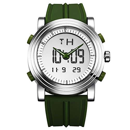 SINOBI para Hombre Reloj de Pulsera Deportivo Cuarzo electrónico Digital Reloj con Alarma Cronómetro Doble Movimiento Hombres de la muñeca Relojes s9368g (Silver Case&Green Band)