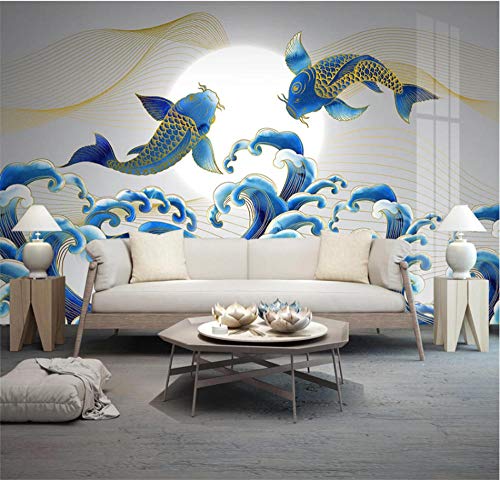 SKTYEE Chinese Waterline Wave Spray Sunrise Fishs Blue Ink Mural Wallpaper para Walls 3D Restaurante de Sushi Decoración Industrial Papel de pared 3D, 300x210 cm (118.1 by 82.7 in)