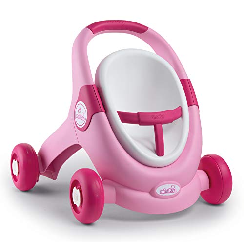 Smoby- Minikiss - Andador 3 en 1 para muñecas, para niños a Partir de 12 Meses, Color Rosa. (210205)