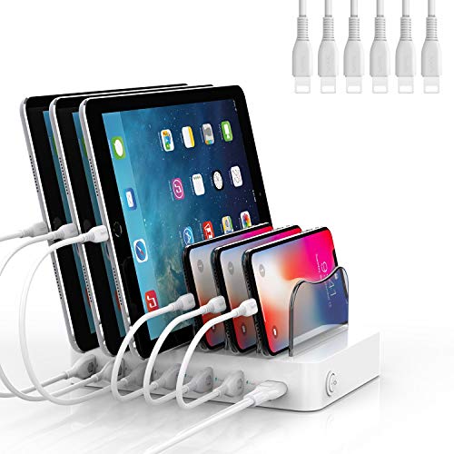 SooPii - Base de carga USB de 6 puertos para múltiples dispositivos, 6 cables de carga incluidos, compatible con Apple iPad, iPhone, iPod y otros dispositivos electrónicos, color blanco