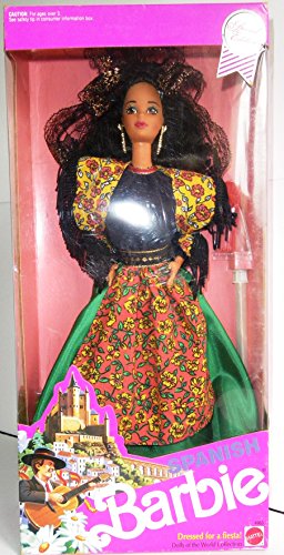 Special Edition Barbie 1991 Dolls of the World 12 Inch Doll Collection - Spanish Barbie Doll Dressed For A Fiesta with Festival Dress, Apron, Shawl, Mantilla, Stockings, Hair Decoration, Shoes, Hairbrush and Doll Stand
