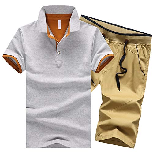 Sportsuit - Polo de manga corta para hombre, estilo casual, para verano, 2 piezas, con cordón elástico Naranja y Gris Caqui + XXXXL