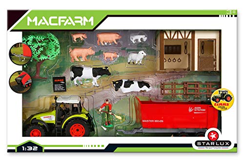 Starlux - Caja Completa con Tractor CLAAS, Animales, Cuerpo de Granja y Accesorios, 802021, Color Verde y Rojo