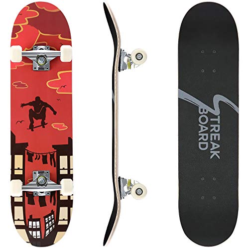 streakboard Skateboard 80x20 cm, Completo Skateboard para Principiantes, 7 Capas Monopatín de Madera de Arce Canadiense con Rodamientos de Bolas ABEC-7 para Niñas Niños Adolescentes Adultos