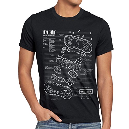 style3 16 bit Gamepad Cianotipo Camiseta para Hombre T-Shirt, Talla:L, Color:Negro