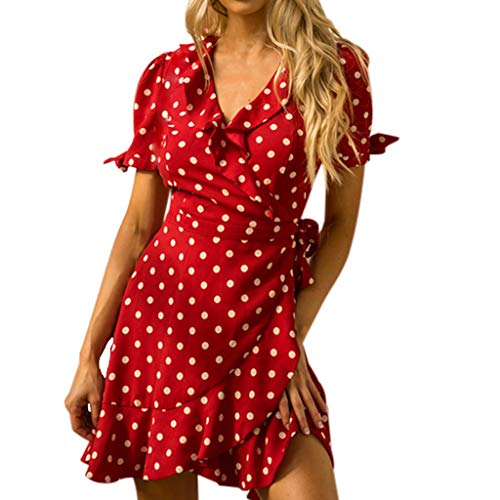 Sulifor Vestido de Gasa Lunares,Vestido Rojo de Playa,Vestido Vintage para Mujer,Vestido con Volantes Precioso,Vestido Casual y Diaria
