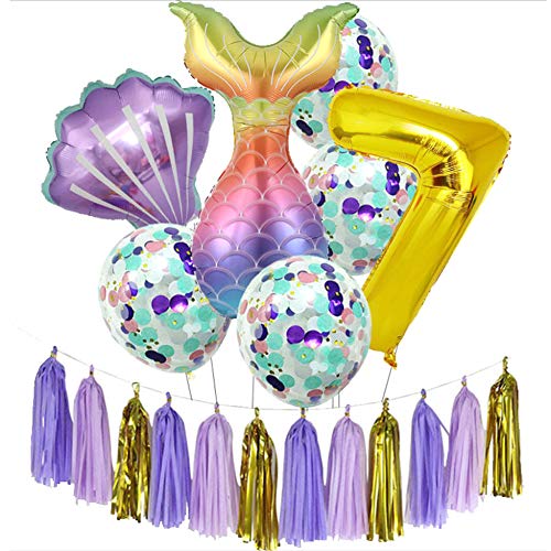 Suministros de fiesta de cumpleaños de sirena para niñas, juego de decoración de feliz cumpleaños con número de 32 pulgadas, globos de papel de aluminio con cola de concha grande, globos de confeti