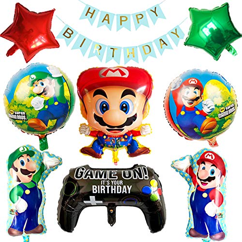 SUNSK Globo de Super Mario Banner de Happy Birthday Globo Redondo Globo de Foil Super Mario Decoración para Fiestas de Cumpleaños 10 Piezas