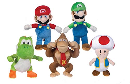 SUPER MARIO Bros - Pack 5 Peluches Mario Bros (33cm) Luigi (35cm) Yoshi (30 cm) Toad (30 cm) y Donkey Kong (30 cm)