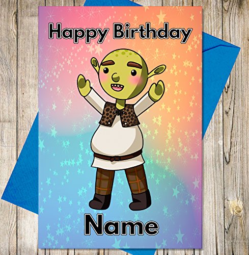 Tarjeta de cumpleaños personalizada de ogro de dibujos animados – cualquier nombre y edad impresa en la parte delantera