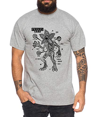 Tee Kiki Stranger Demo Anatomie - Camiseta de Hombre Things Demogorgon Elfie Dustin Jane Hopper Upside Down TV BLU-Ray DVD, Farbe2:Gris Brezo, Größe2:X-Large