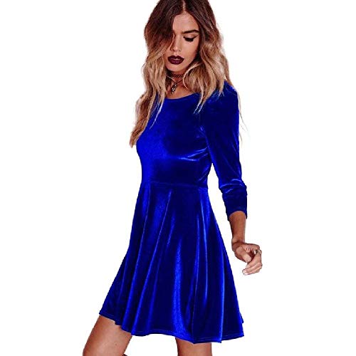 Terciopelo para mujer, vestido cálido de invierno para otoño, vestido de tres cuartos o falda sólida, vestido de noche sexy mini A-línea azul S