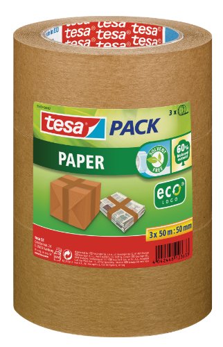 tesa 55337-00002-01 Paper ecoLogo - Lote de precintos de embalaje (3 unidades, producto ecológico) color marrón, 50m x 50mm