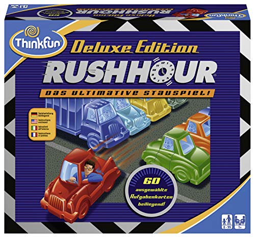 ThinkFun 76305 Rush Hour – El Famoso Juego de congestión en la edición Deluxe con vehículos en Aspecto metálico, Juego lógico para Adultos y niños a Partir de 8 años