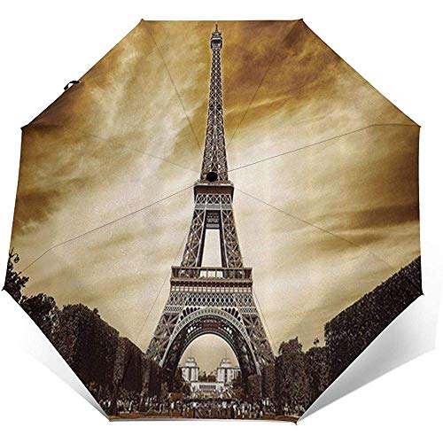 Torre Eiffel de París Paisaje Antiguo Francia Monumentos Vintage Paraguas de Viaje Paraguas de Sol-Botón de Apertura y Cierre automático