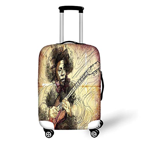 Travel Luggage Cover Suitcase Protector,Jazz Music,Guitar Virtuoso Hand Drawn Style Illustration of a Guitar Player Musician,Brown Beige Black，for Travel XL