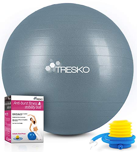 TRESKO® Pelota de Gimnasia Anti-Reventones | Bola de Yoga Pilates y Ejercicio | Balón para Sentarse | Balon de Ejercicio para Fitness | 300 kg | con Bomba de Aire (Cool Grey Blue, 85cm)