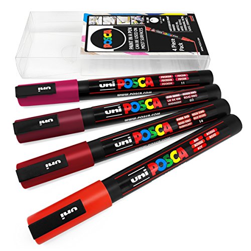 Uni Posca – PC-3 M Art Peinture marqueurs – Lot de 4 – Portefeuille en plastique – Tons de rouge