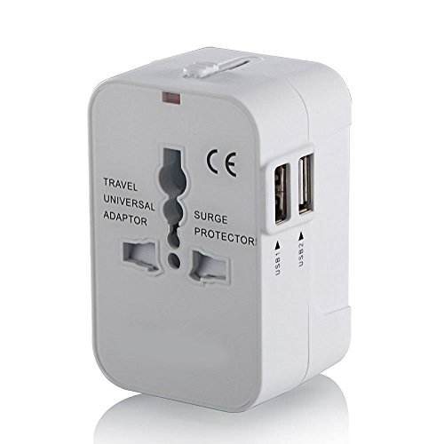 Universal Plug Adapter Worldwide Travel Plug Converter Adaptor All In One Wall Charger With Dual USB Charging Ports 2.1A Works 110 240V for EU UK US AU Plugs-Tempo-(White