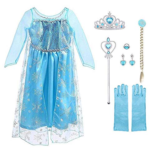 URAQT Vestido de Princesa Elsa, Reina Frozen Disfraz Elsa Vestido Infantil Niñas Costume Azul Cosplay de Disney Disfraz de Halloween, Cumpleaños, Carnaval y la Fiesta (150) Azul