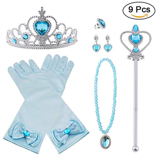Vicloon 9 Pcs Princesa Vestir Accesorios Regalo Conjunto de Belleza Corona Sceptre Collar Guantes para Niña - Azul