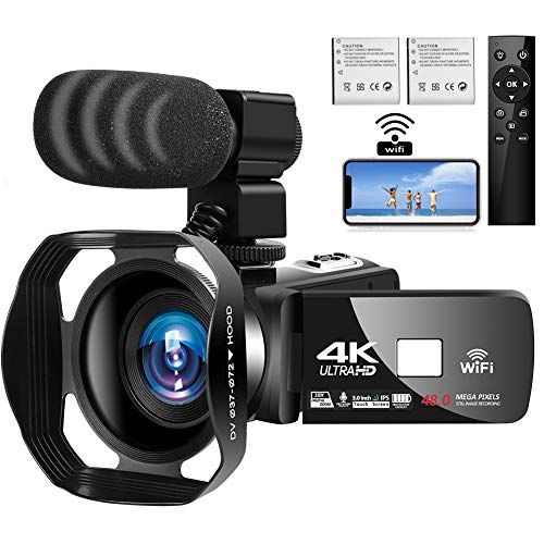 Videocámara 4K Cámara de Video Digital Ultra HD 48MP WiFi Videocamara para Youtube Pantalla táctil de 3.0 pulgadas Videocámara con Zoom Digital 18X con Micrófono, Control Remoto y Parasol