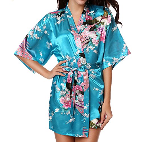 VILLAVIVI Vestido Párrafo Corto Mujer Kimono Pavo Flores Satén Albornoces Pijamas (L, Lago Azul)