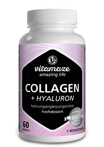 Vitamaze® Colágeno Puro + Ácido Hialurónico Cápsulas + Condroitina + Lisina, 600 mg de Colágeno al Día, 60 Cápsulas durante 1 Mes, Suplementos sin Aditivos Innecesarios, Calidad Alemana