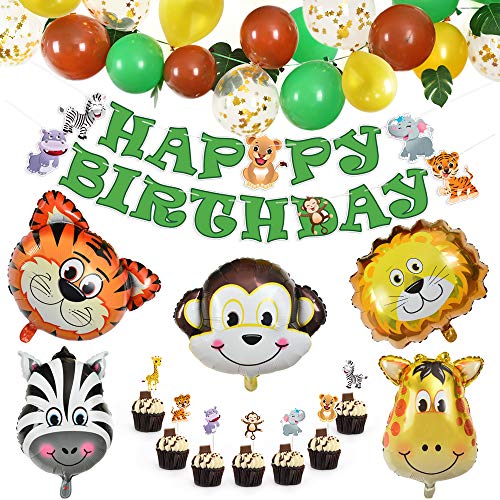 WERNNSAI Selva Safari Tema Suministros para la Fiesta - 66 Piezas Zoo Animales Fiesta Decoraciones Conjunto para Niños Happy Birthday, Cupcake Toppers Sticks, Animales Globos de Papel de Aluminio