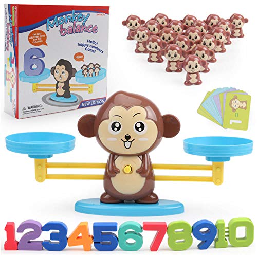 Winthai 60pcs Balance Escala Matemáticas Juguete con Brown Monkey Matemáticas Tarjetas Bloques de Números para Aprendizaje Temprano Aprendizaje Educativo Contar Juego Set Niños Niños Niños Regalo