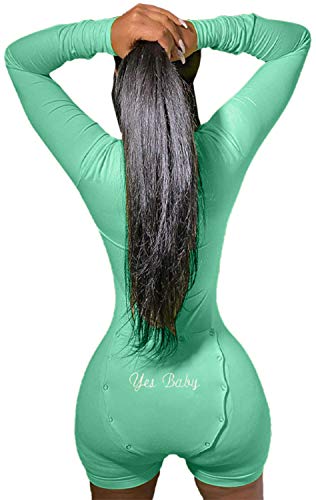 Women's Onesies V Neck Bodysuit Jumpsuit Butt Flap Pajama One Piece Stretch Bodycon Romper Overall Homewear (Green, S)