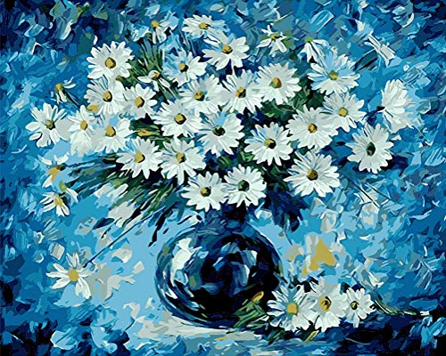 WONZOM DIY Pintura al óleo Pintura por Números para Adultos y Principiantes - Margaritas Azules Flores 16 * 20 Pulgadas Sin Marco