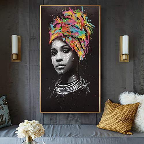 wZUN Carteles de Arte de Graffiti de Mujeres Negras africanas abstractas y decoración del hogar Grabados de Cobre Lienzo Pintura en Cuadros de Arte de Pared 60X100CM
