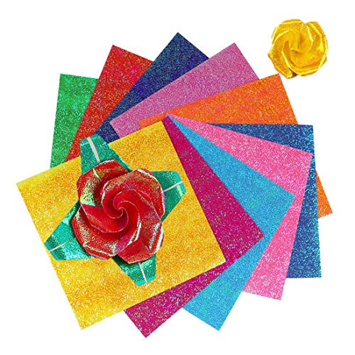 Xiang Ru Papel de origami con purpurina, 50 hojas de 80 g/m², 10 colores brillantes, cuadrados, de una sola cara, 12,5 x 12,5 cm, papel plegable para manualidades de niños