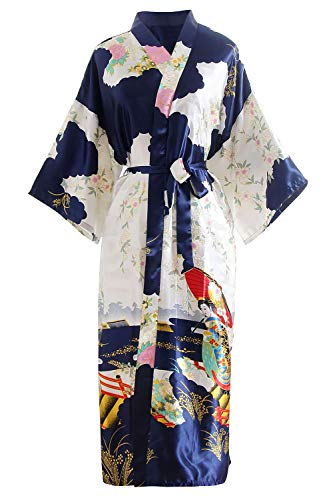 YAOMEI Novia Mujer Vestido Kimono Satén, Camisón para Mujer, Sedoso Flores de Geisha Robe Albornoz Dama de Honor Ropa de Dormir Pijama, S-2XL (Busto: 126cm, de S a 2XL, Azul)