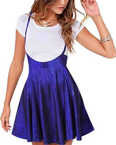 YOINS Falda Plisada de Mujer Falda Mini Skater Acampanada Vestido de Faldas de Tirantes Casuales de Moda Elástica Versátil Brillante Azul XL