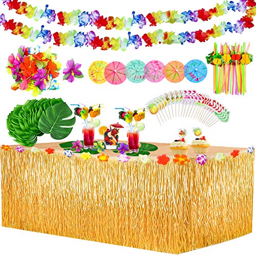 Yojoloin 132 Pcs Hawaiano Luau Falda de mesa Set de decoración,de fiesta tropical de 9.6FT con hojas de palma Flores hawaianas Paraguas y pajitas de Fruta decoraciones de mesa de fiesta Tiki de verano