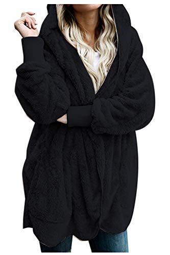 Zilcremo Mujer Lana Chaqueta Cárdigan con Capucha Frente Abierto Abrigo Fleece de Piel Sintética Invierno Negro L