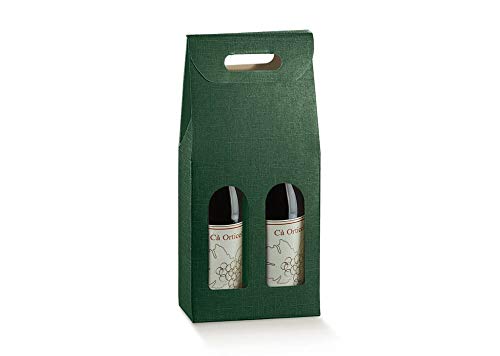 10 cajas de color verde para 2 botellas de vino verticales modelo Bordolés, robustas y extrañas navideñas, cartón acoplado y asa exterior de 18 x 9 x 38,5 cm de altura – 2 verdones