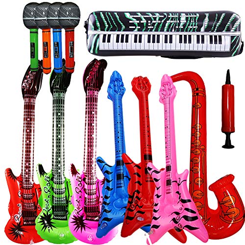 13 Pack Inflatable Rock Star Toy Set - BESLIME Music Inflatable Instruments Party Props 3Inflatable Guitars, 4 Microphones, 3 Beth,1 Keyboard Piano, 1 Saxophone and 1 Pump