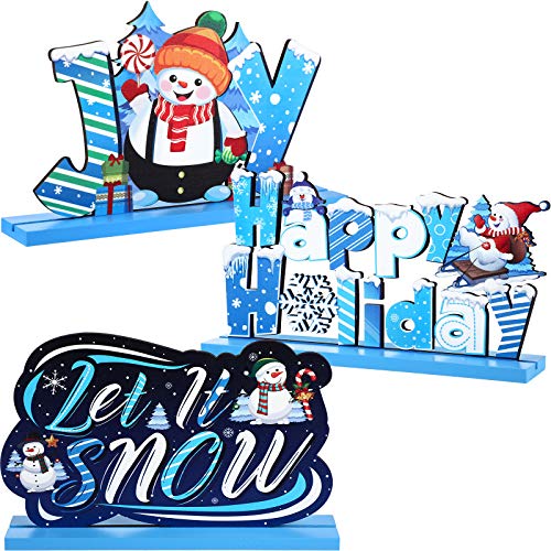 3 Decoraciones de Mesa de Madera de Navidad Centro de Mesa Let It Snow, Decoración de Fiesta de Muñeco de Nieve, Adorno de Madera de Invierno Congelado de Joy para Invierno Mesa Cena Árbol Navidad