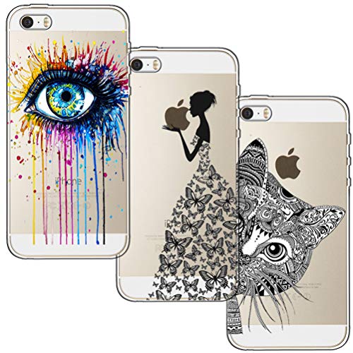 [3 Pack] Funda para iPhone 5, Funda iPhone 5S, Funda iPhone SE, Blossom01 Ultra Suave Funda de Silicona para TPU con Dibujo Animado Lindo para iPhone 5 / 5S / SE - Eye & Butterfly Girl & Cat